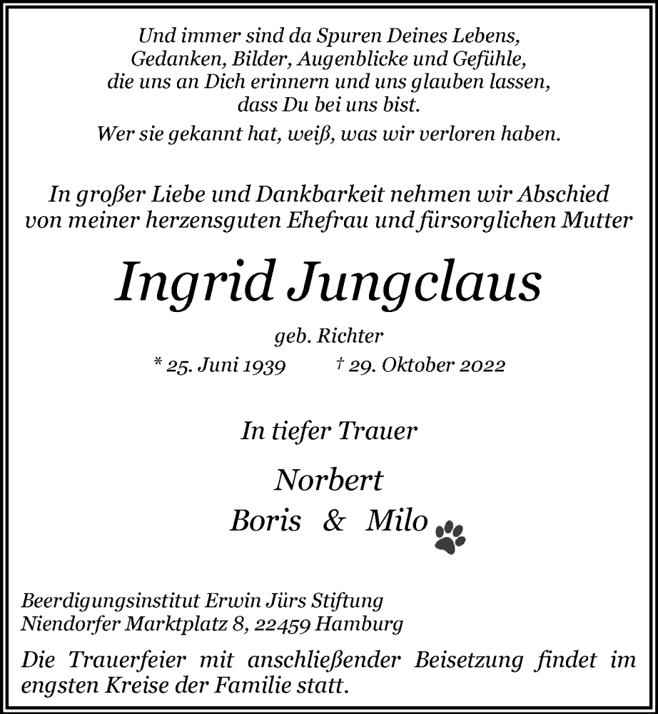  Traueranzeige für Ingrid Jungclans vom 19.11.2022 aus Niendorfer Wochenblatt
