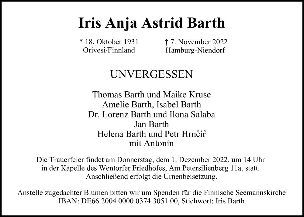  Traueranzeige für Iris Anja Astrid Barth vom 19.11.2022 aus Hamburger Abendblatt