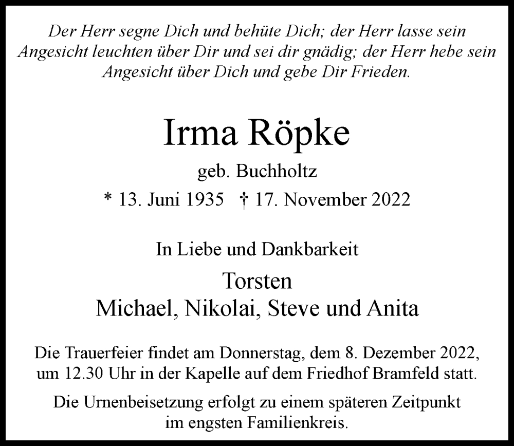  Traueranzeige für Irma Röpke vom 26.11.2022 aus Hamburger Abendblatt