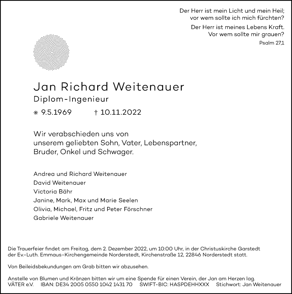  Traueranzeige für Jan Richard Weitenauer vom 26.11.2022 aus Hamburger Abendblatt