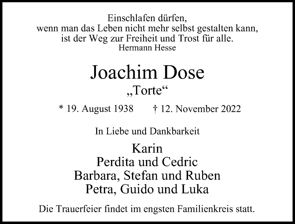  Traueranzeige für Joachim Dose vom 23.11.2022 aus Glinder Zeitung