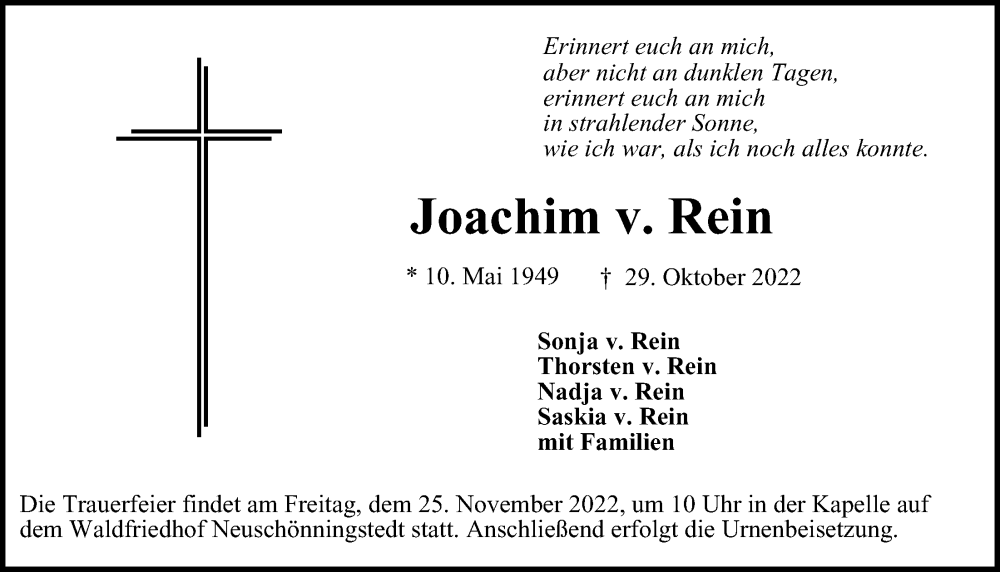  Traueranzeige für Joachim  v. Rein vom 16.11.2022 aus Glinder Zeitung