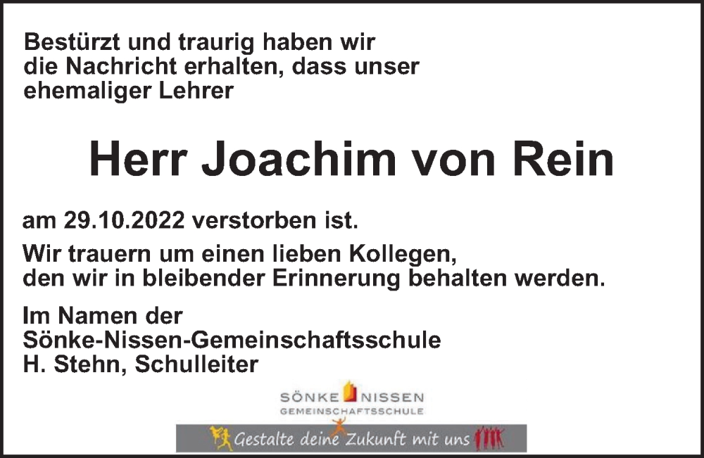  Traueranzeige für Joachim von Rein vom 16.11.2022 aus Glinder Zeitung