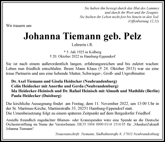 Traueranzeige von Johanna Tiemann von Hamburger Abendblatt