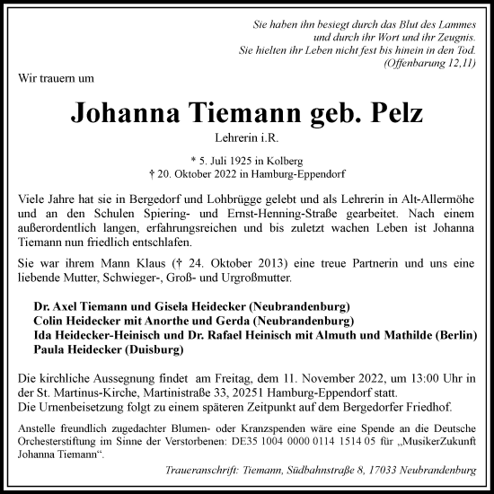 Traueranzeige von Johanna Tiemann von Bergedorfer Zeitung