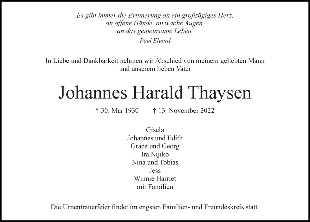  Traueranzeige für Johannes Harald Thaysen vom 19.11.2022 aus Hamburger Abendblatt
