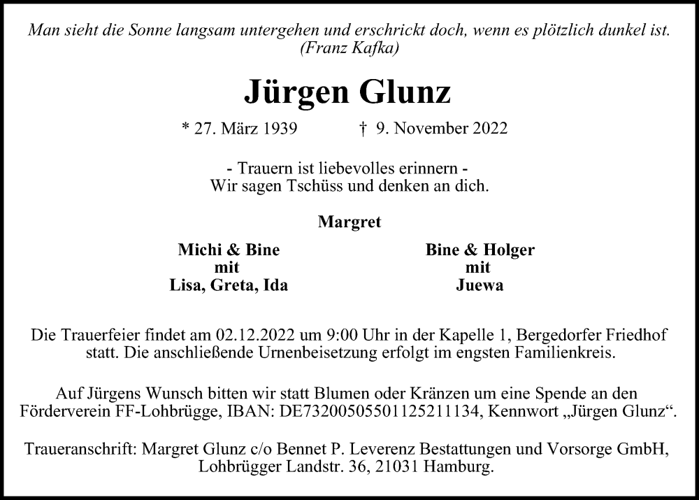  Traueranzeige für Jürgen Glunz vom 19.11.2022 aus Bille Wochenblatt, Bergedorfer Zeitung
