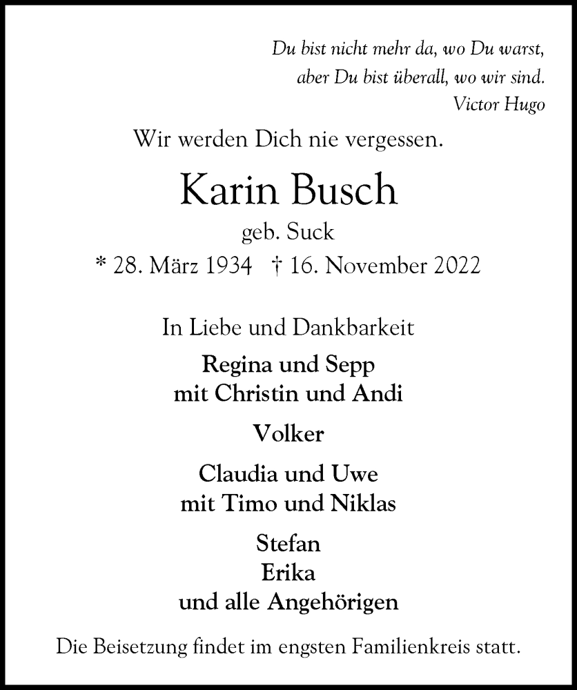  Traueranzeige für Karin Busch vom 30.11.2022 aus Hamburger Abendblatt