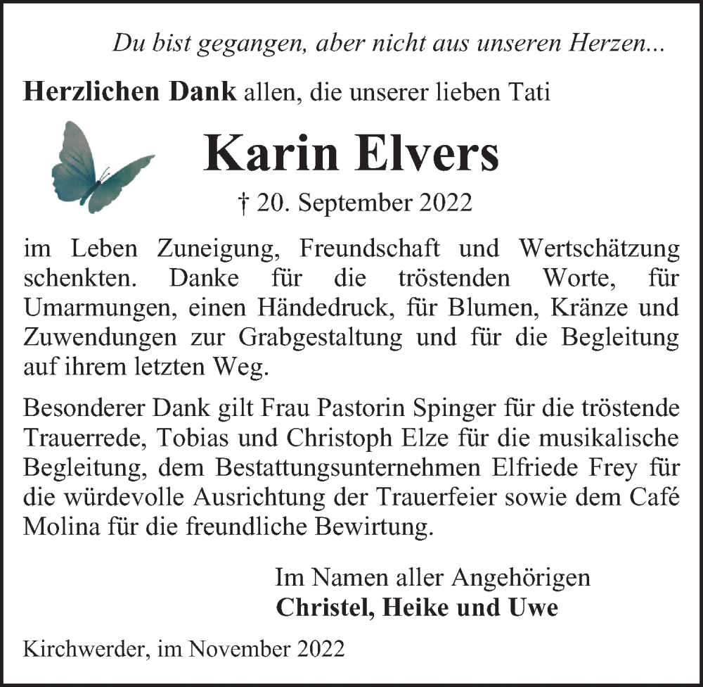  Traueranzeige für Karin Elvers vom 12.11.2022 aus Bille Wochenblatt, Bergedorfer Zeitung