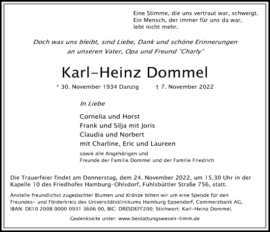 Traueranzeige von Karl-Heinz Dommel von Hamburger Abendblatt