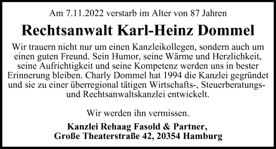 Traueranzeige von Karl-Heinz Dommel von Hamburger Abendblatt