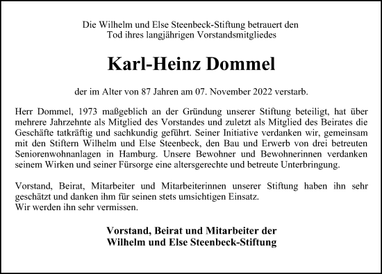 Traueranzeige von Karl-Heinz Dommel von Hamburger Abendblatt