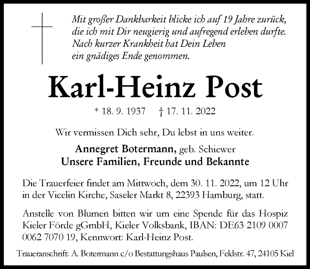  Traueranzeige für Karl-Heinz Post vom 26.11.2022 aus Hamburger Abendblatt