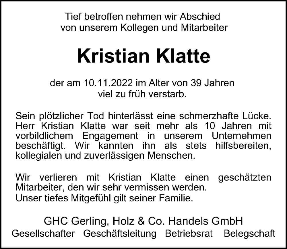  Traueranzeige für Kristian Klatte vom 26.11.2022 aus Hamburger Abendblatt