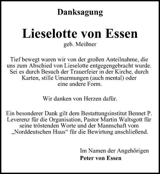 Traueranzeige von Lieselotte von Essen von Bergedorfer Zeitung