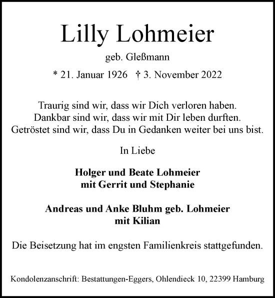Traueranzeige von Lilly Lohmeier von Hamburger Abendblatt