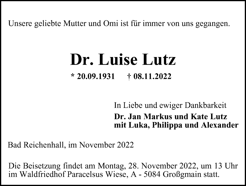  Traueranzeige für Luise Lutz vom 22.11.2022 aus Hamburger Abendblatt