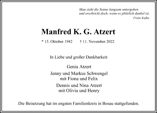 Traueranzeige von Manfred K. G. Atzert von Hamburger Abendblatt