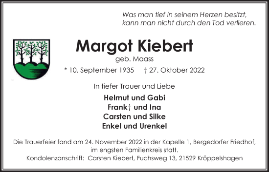 Traueranzeige von Margot Kiebert von Bille Wochenblatt, Bergedorfer Zeitung