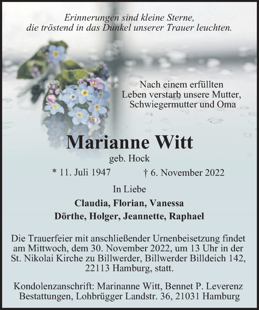  Traueranzeige für Marianne Witt vom 19.11.2022 aus Bille Wochenblatt, Bergedorfer Zeitung
