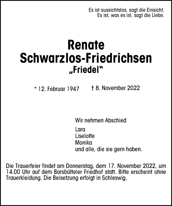 Traueranzeige von Renate Schwarzlos-Friedrichsen von Glinder Zeitung