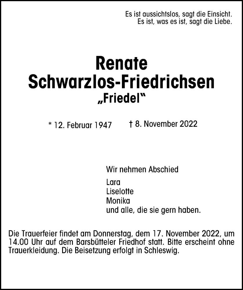  Traueranzeige für Renate Schwarzlos-Friedrichsen vom 12.11.2022 aus Hamburger Abendblatt