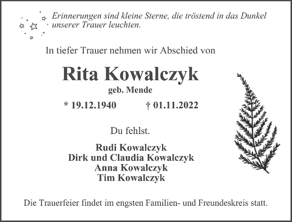  Traueranzeige für Rita Kowalczyk vom 19.11.2022 aus Bille Wochenblatt, Bergedorfer Zeitung