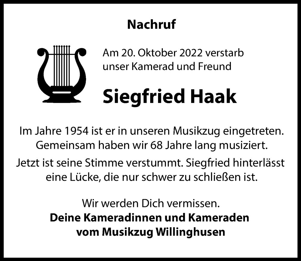  Traueranzeige für Siegfried Haak vom 16.11.2022 aus Glinder Zeitung