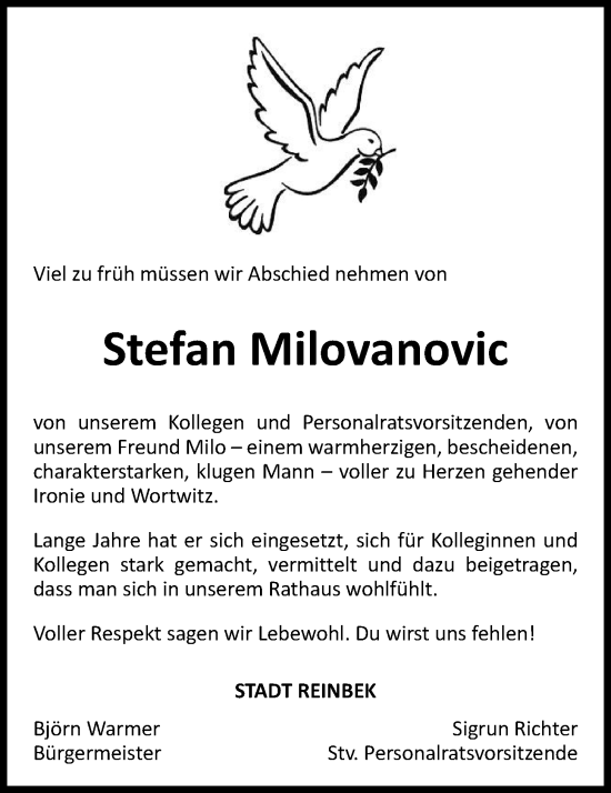 Traueranzeige von Stefan Milovanovic von Bergedorfer Zeitung