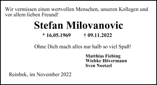 Traueranzeige von Stefan Milovanovic von Bergedorfer Zeitung