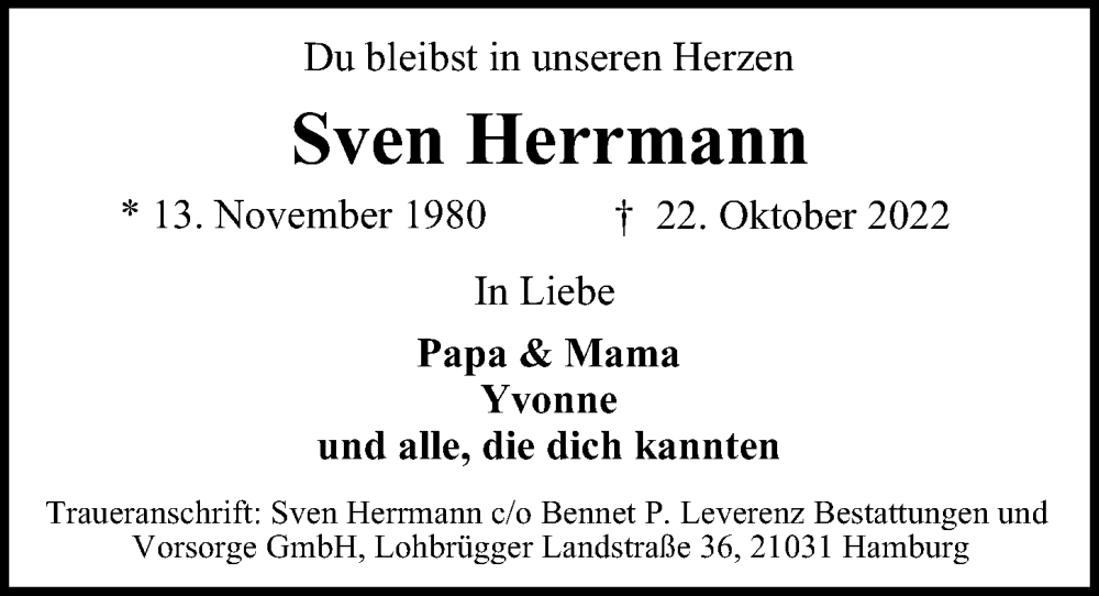  Traueranzeige für Sven Herrmann vom 12.11.2022 aus Bille Wochenblatt, Bergedorfer Zeitung