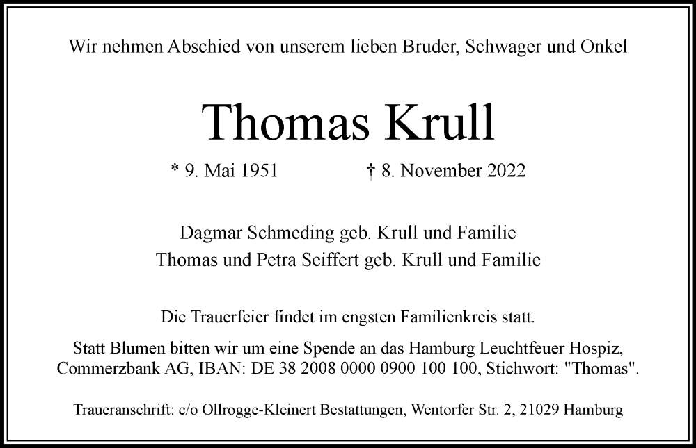  Traueranzeige für Thomas Krull vom 19.11.2022 aus Hamburger Abendblatt