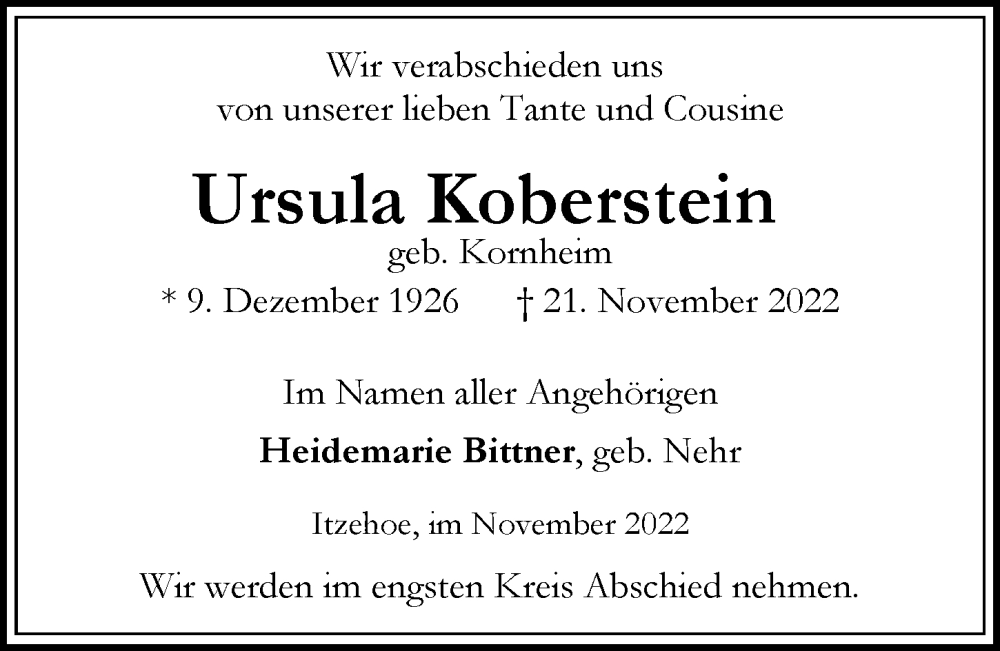  Traueranzeige für Ursula Koberstein vom 26.11.2022 aus Hamburger Abendblatt
