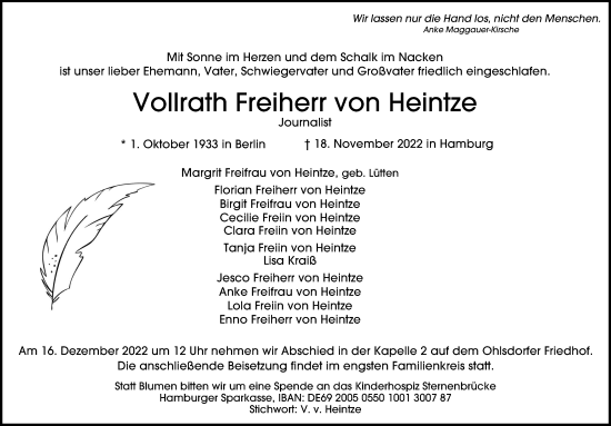 Traueranzeige von Vollrath Freiherr von Heintze von Hamburger Abendblatt
