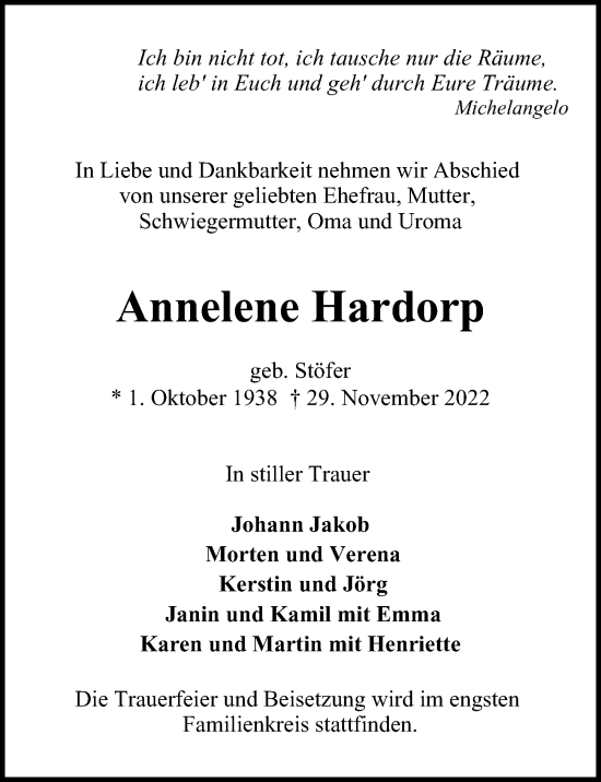 Traueranzeige von Annelene Hardorp von Bergedorfer Zeitung