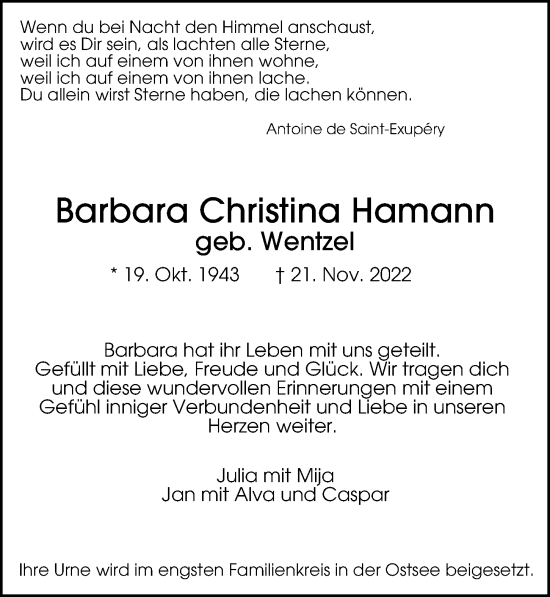 Traueranzeige von Barbara Christina Hamann von Hamburger Abendblatt