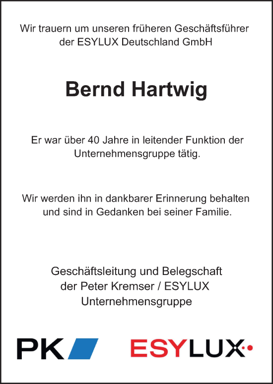 Traueranzeige von Bernd Hartwig von Hamburger Abendblatt