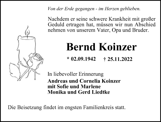 Traueranzeige von Bernd Koinzer von Hamburger Abendblatt