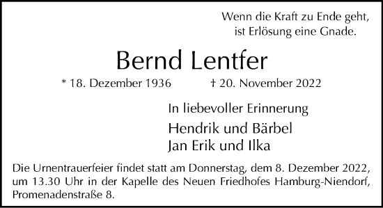 Traueranzeige von Bernd Lentfer von Hamburger Abendblatt