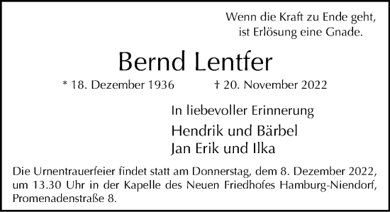 Traueranzeige von Bernd Lentfer von Niendorfer Wochenblatt