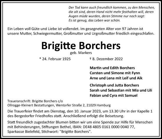 Traueranzeige von Brigitte Borchers von Bergedorfer Zeitung