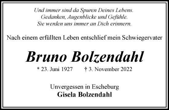 Traueranzeige von Bruno Bolzendahl von Hamburger Abendblatt