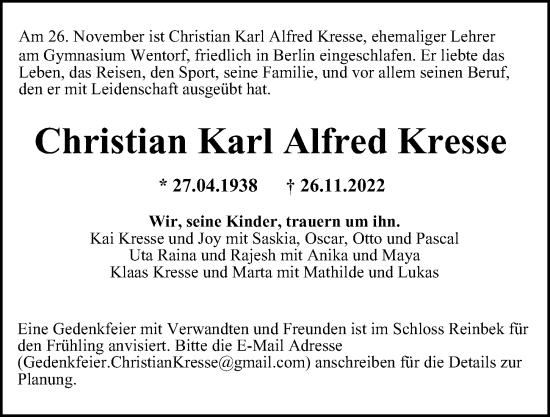 Traueranzeige von Christian Karl Alfred Kresse von Bergedorfer Zeitung