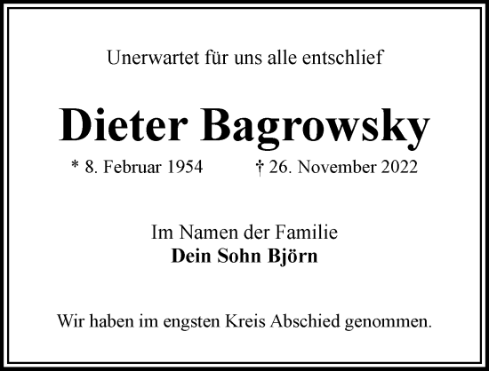 Traueranzeige von Dieter Bagrowsky von Bergedorfer Zeitung