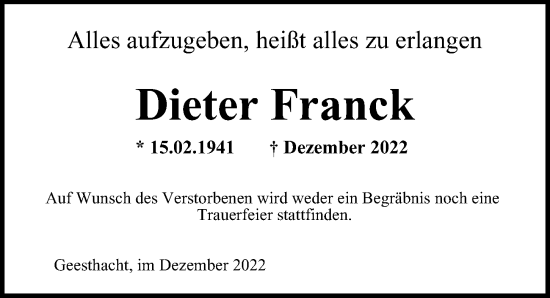 Traueranzeige von Dieter Franck von Bergedorfer Zeitung