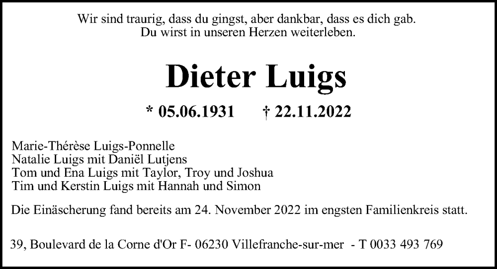  Traueranzeige für Dieter Luigs vom 03.12.2022 aus Hamburger Abendblatt