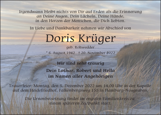 Traueranzeige von Doris Krüger von Hamburger Abendblatt