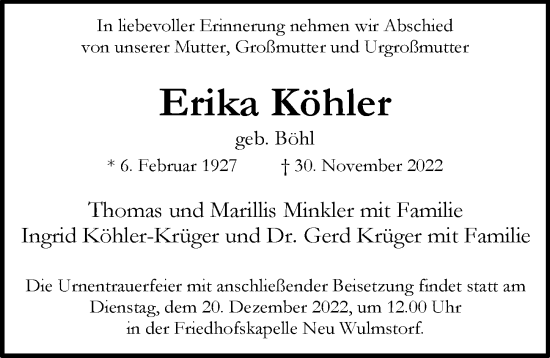 Traueranzeige von Erika Köhler von Hamburger Abendblatt