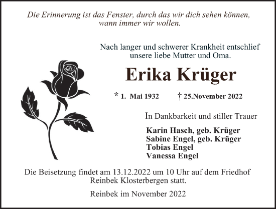 Traueranzeige von Erika Krüger von Bergedorfer Zeitung