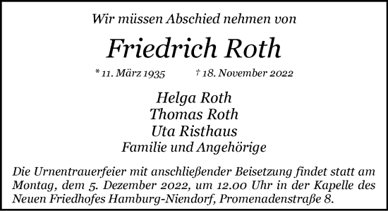 Traueranzeige von Friedrich Roth von Niendorfer Wochenblatt